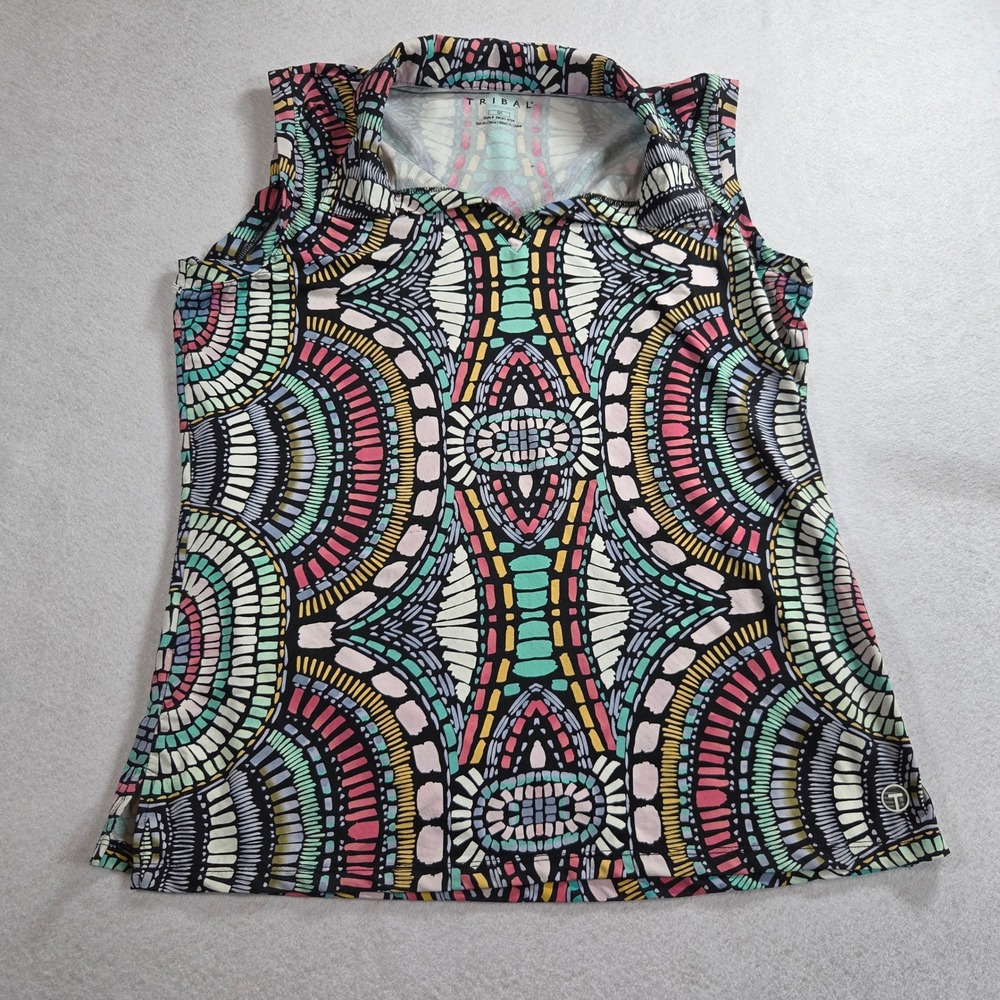 Tribal Sleeveless Henley Top Large Colorful Abstract Geometric Print Yoga Tank